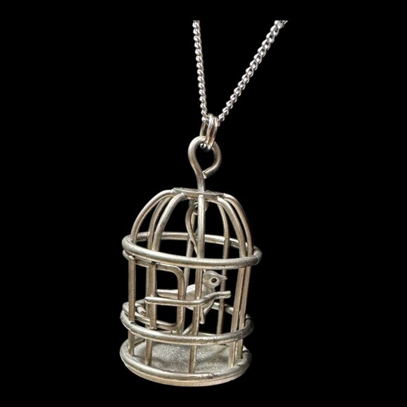 Silver Birdcage Pendant Necklace With Delicate Chain Unique Vintage Accessory - Picture 6 of 13